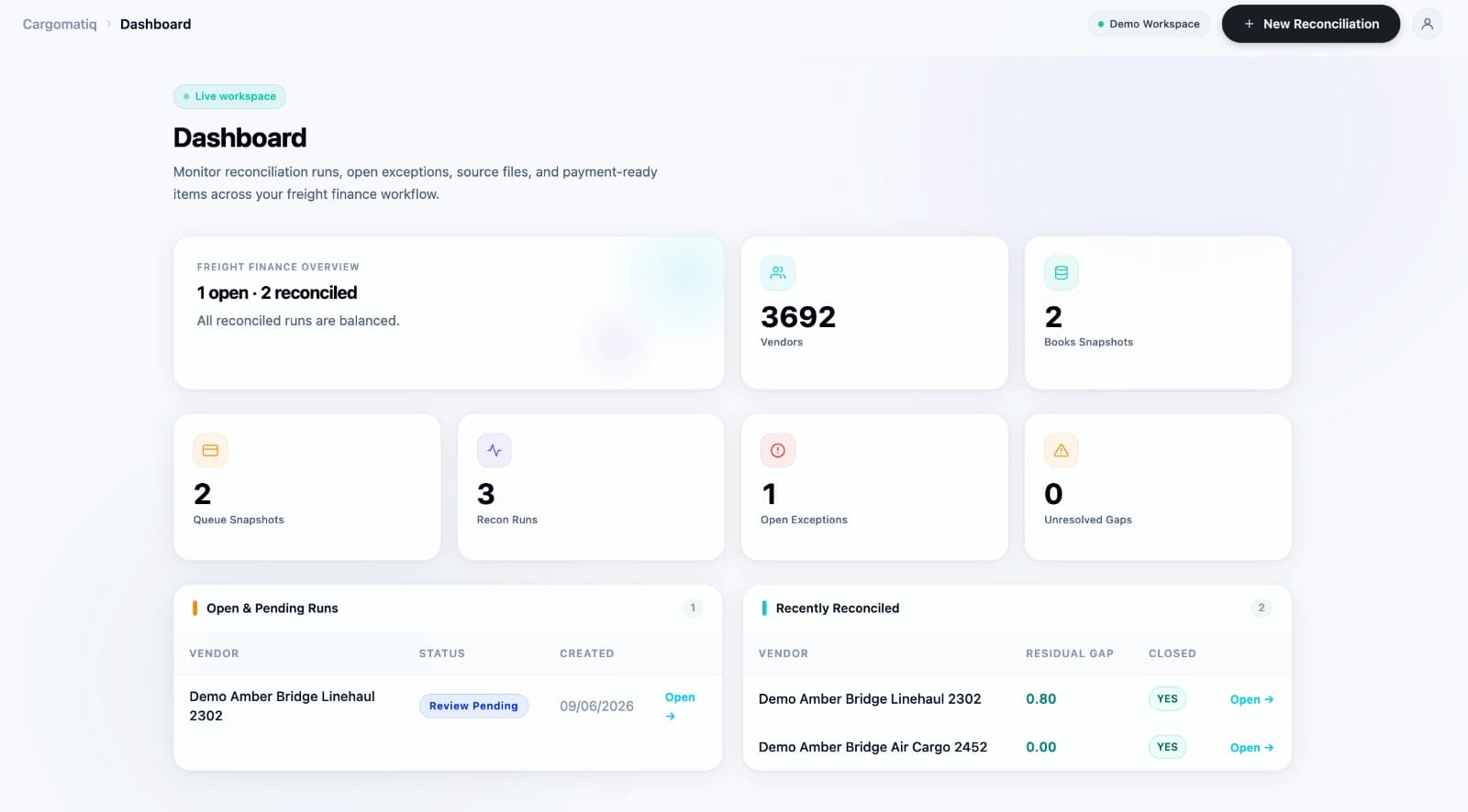 CargoMatiq reconciliation dashboard